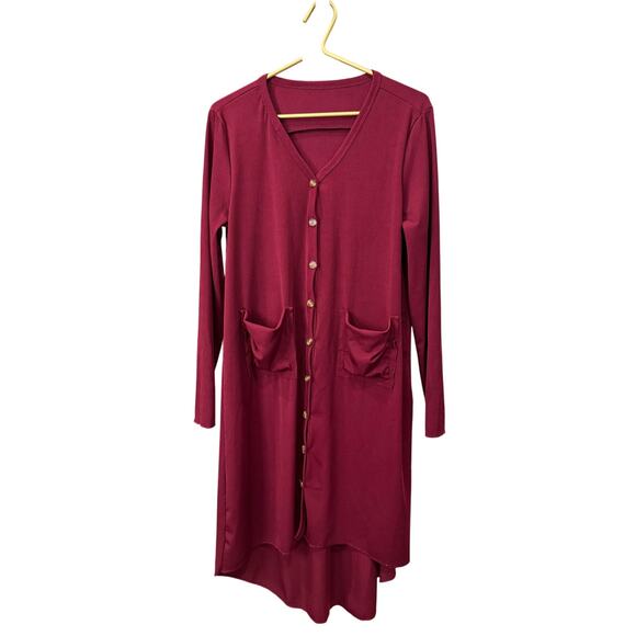 Burgundy Ribbed Long Button‑Front Cardigan L Patch Pockets NWOT - Picture 2 of 6